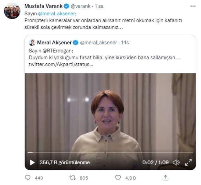 Bakan Varank'tan Akşener'e tavsiye: Prompterlı kamera alırsanız kafanızı sürekli sola çevirmek zorunda kalmazsınız Bakan Varank'tan Akşener'e tavsiye: Prompterlı kamera alırsanız kafanızı sürekli sola çevirmek zorunda kalmazsınız