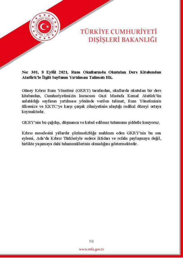 Bakanlıktan Güney Kıbrıs Rum Yönetimi'ne 'Atatürk' tepkisi Bakanlıktan Güney Kıbrıs Rum Yönetimi'ne 'Atatürk' tepkisi