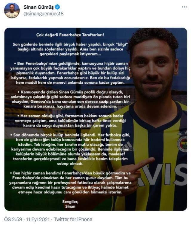 Fenerbahçe'de kadro dışı kalan Sinan Gümüş sessizliğini bozdu! Paylaşımına tepki yağıyor