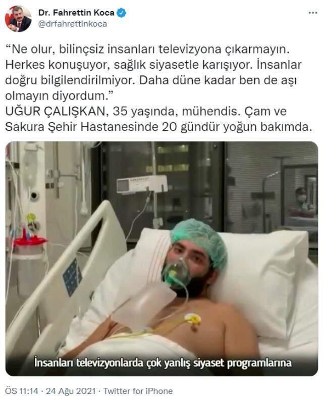 Bakan Koca'nın yoğun bakım görüntüsünü paylaştığı mühendis taburcu oldu: Şu an gelseler 5 tane aşı olurum