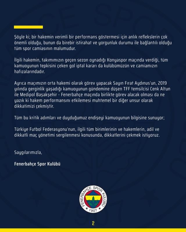 Fenerbahçe, Başakşehir maçına saatler kala TFF ve hakem Ali Şansalan'ı uyardı
