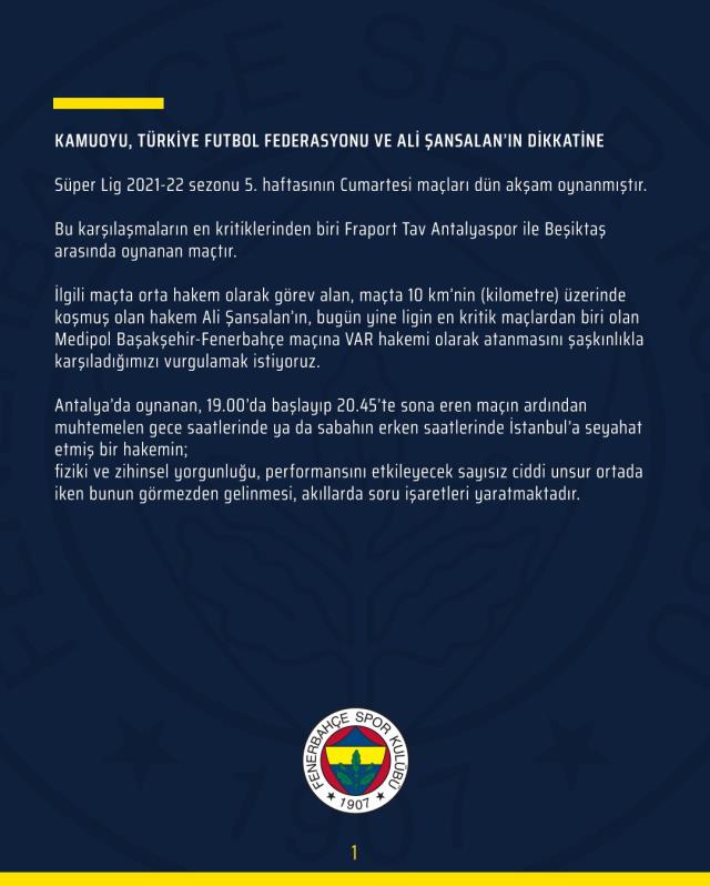 Fenerbahçe, Başakşehir maçına saatler kala TFF ve hakem Ali Şansalan'ı uyardı