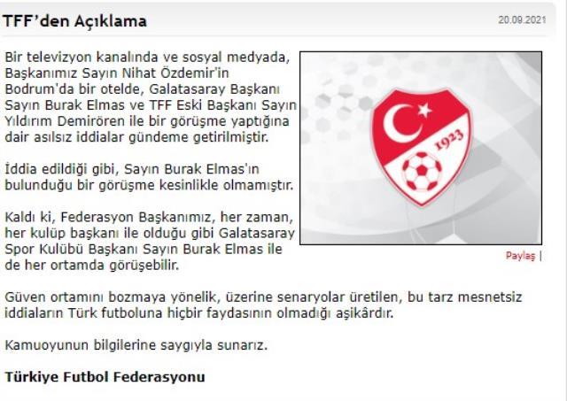 TFF Başkanı Nihat Özdemir ile Galatasaray Başkanı Burak Elmas'ın bir otelde buluştuğu iddiası
