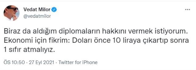 Vedat Milor'ün doların 1 liraya düşmesi yaptığı ironi, yorum bombardımanına tutuldu