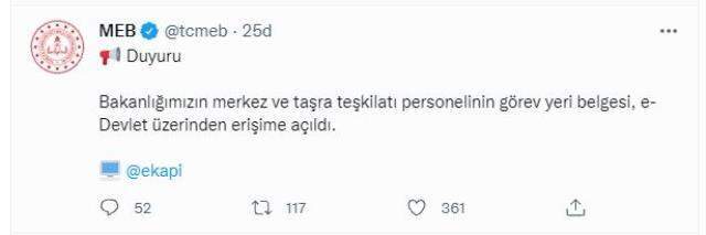 Bakanlığa bağlı merkez ve taşra teşkilatı personelinin görev yeri belgesi e-Devlet'te erişime açıldı Bakanlığa bağlı merkez ve taşra teşkilatı personelinin görev yeri belgesi e-Devlet'te erişime açıldı