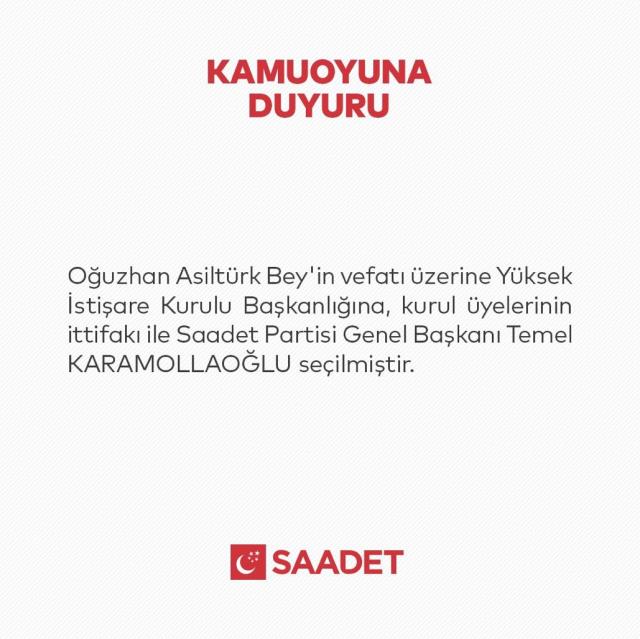 Saadet Partisi YİK Başkanı Oğuzhan Asiltürk'ün yerine Temel Karamollaoğlu seçildi