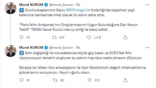TBMM'de kabul edilen Paris İklim Anlaşması'na ilişkin kanun, Resmi Gazete'de yayımlanarak yürürlüğe girdi