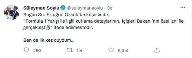 Formula 1'deki şampanya seremonisinin Bakan Soylu'nun izniyle yapıldığı iddiası