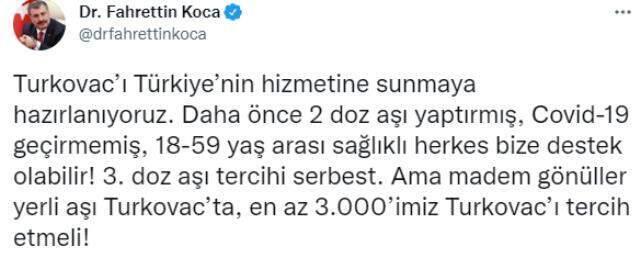 Yerli aşı TURKOVAC için 300o gönüllü aranıyor! Fahrettin Koca istenilen özellikleri tek tek sıraladı