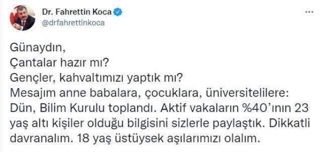 Bakan Koca sabah saatlerinde yaptığı paylaşımla uyardı: Dikkatli davranalım, 18 yaş üstüysek aşılarımızı olalım