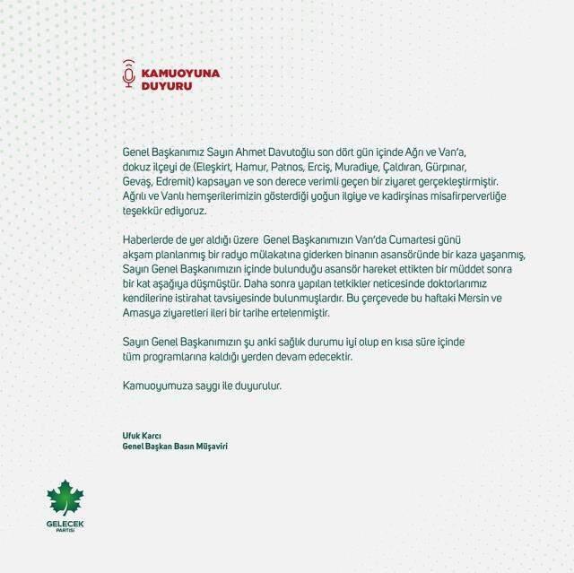 Bindiği asansör yere çakılan Davutoğlu, programlarına ara verdi