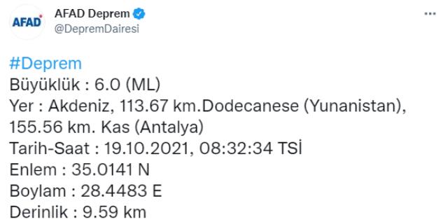 Son Dakika: Akdeniz açıklarında 6 büyüklüğünde deprem