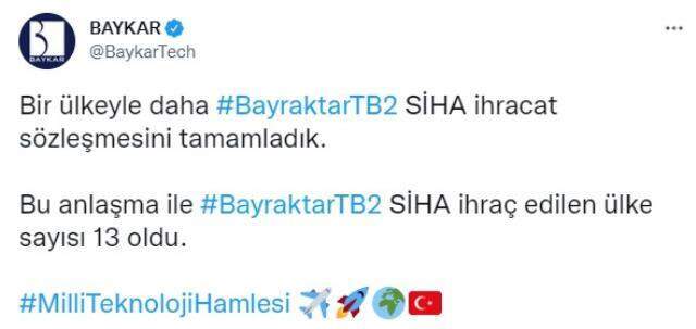 Bayraktar TB2 SİHA, ihracatta ülke sayısını 13'e çıkardı Bayraktar TB2 SİHA, ihracatta ülke sayısını 13'e çıkardı