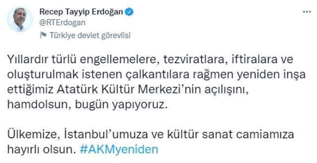 Cumhurbaşkanı Erdoğan'dan Atatürk Kültür Merkezi paylaşımı Cumhurbaşkanı Erdoğan'dan Atatürk Kültür Merkezi paylaşımı