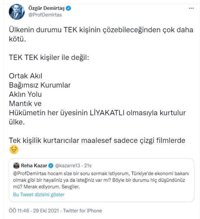 Özgür Demirtaş'tan 'Ekonomi bakanı olmak ister misiniz?' sorusuna manidar yanıt