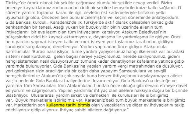 Atakum Belediye Başkanı Cemil Deveci'den skandal ifadeler: Kullanım tarihi bitmiş yiyecekleri ihtiyaç sahiplerine dağıtıyoruz