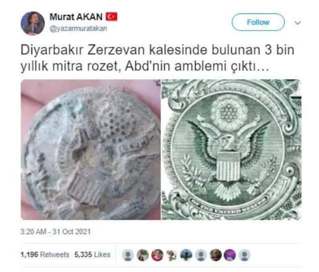Zerzevan Kalesi'nde bulunan 3 bin yıllık rozetin ABD amblemi taşıdığı iddiası Zerzevan Kalesi'nde bulunan 3 bin yıllık rozetin ABD amblemi taşıdığı iddiası