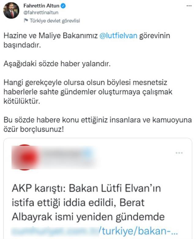 İletişim Başkanı Fahrettin Altun, Hazine ve Maliye Bakanı Lütfi Elvan'ın istifa ettiği iddialarını yalanladı