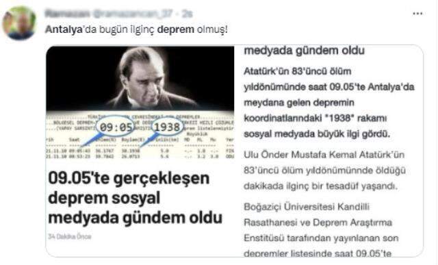10 Kasım'da tüyleri diken diken eden deprem tesadüfü: Saat tam 9'u 5 geçe meydana geldi, koordinatı ise ''1938'' 10 Kasım'da tüyleri diken diken eden deprem tesadüfü: Saat tam 9'u 5 geçe meydana geldi, koordinatı ise ''1938''
