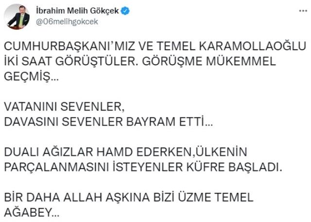 Melih Gökçek, Cumhurbaşkanı Erdoğan'la görüşen Temel Karamollaoğlu'na seslendi: Bir daha bizi üzme