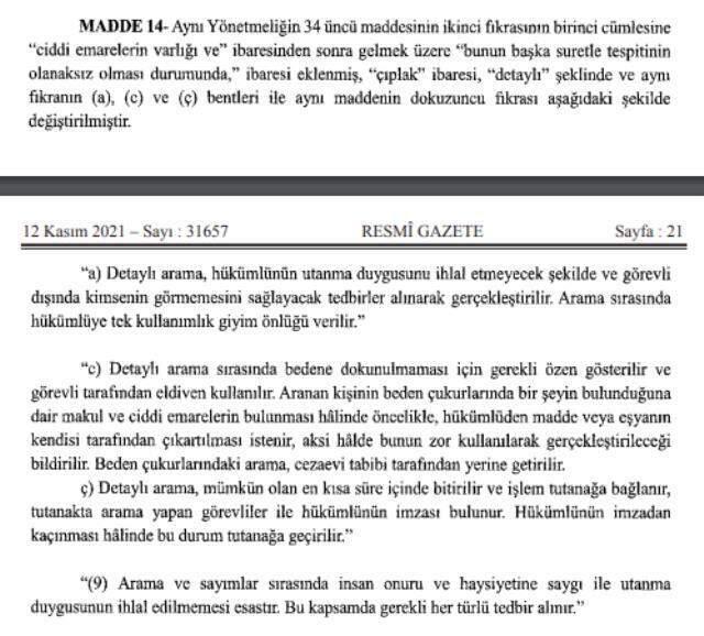 Ceza İnfaz Kurumları Yönetmeliği'ndeki 'çıplak arama' ibaresi gitti, 'utanma duygusunu ihlal etmeyecek detaylı arama' geldi