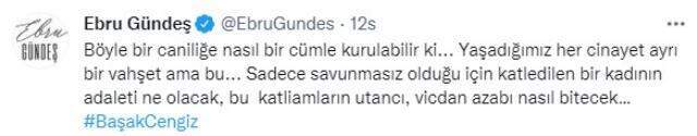 Ünlü isimler, Başak Cengiz'in ölümünün ardından kadın cinayetlerine bir kez daha isyan etti Ünlü isimler, Başak Cengiz'in ölümünün ardından kadın cinayetlerine bir kez daha isyan etti