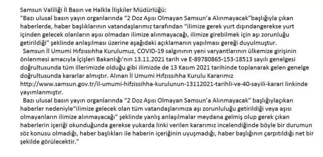 Samsun Valiliği, '2 doz aşısı olmayan şehre alınmayacak' haberlerini yalanladı