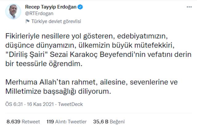 Cumhurbaşkanı Erdoğan'ın Sezai Karakoç için taziye mesajı