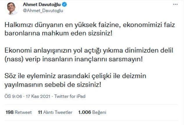 Davutoğlu'ndan Cumhurbaşkanı Erdoğan'ın faiz sözlerine yanıt: İnsanların inançlarını sarsmayın