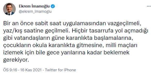 'Binlerce şikayet mesajı aldım' diyen İmamoğlu: Sabit saat uygulamasını değiştireceğimize inanıyorum