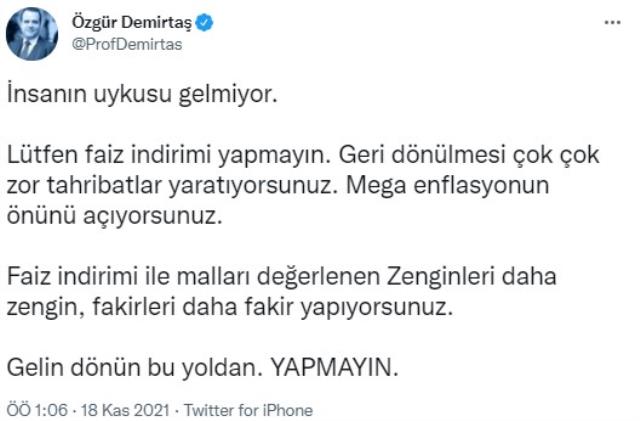 Prof. Dr. Özgür Demirtaş'tan Merkez Bankası'na dikkat çeken çağrı: Lütfen faiz indirimi yapmayın