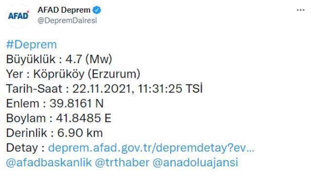 Son Dakika: Erzurum'da 4,7 büyüklüğünde bir deprem meydana geldi