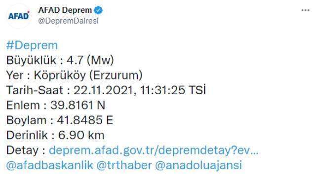 Son Dakika: Erzurum'da 4,7 büyüklüğünde bir deprem meydana geldi