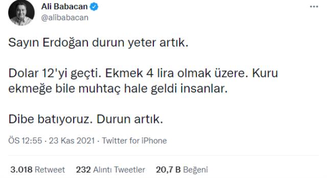 Ali Babacan: Sayın Erdoğan durun yeter artık, dolar 12'yi geçti, dibe batıyoruz