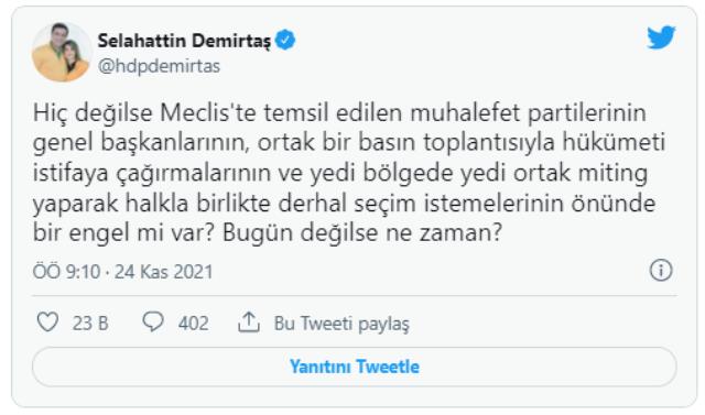 Selahattin Demirtaş'tan muhalefet partilerine ortak miting çağrısı: Bugün değilse ne zaman?