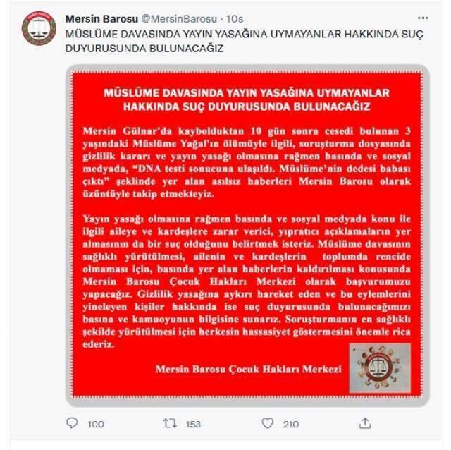 Mersin Barosu'ndan 'Müslüme'nin dedesi, biyolojik babası çıktı' haberine açıklama