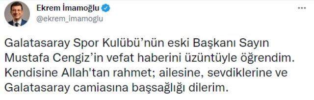 Galatasaray eski Başkanı Mustafa Cengiz'in vefatının ardından siyaset, spor ve iş dünyasından peş peşe paylaşımlar Galatasaray eski Başkanı Mustafa Cengiz'in vefatının ardından siyaset, spor ve iş dünyasından peş peşe paylaşımlar