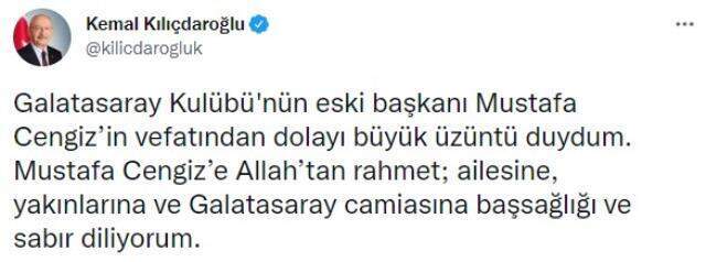 Galatasaray eski Başkanı Mustafa Cengiz'in vefatının ardından siyaset, spor ve iş dünyasından peş peşe paylaşımlar Galatasaray eski Başkanı Mustafa Cengiz'in vefatının ardından siyaset, spor ve iş dünyasından peş peşe paylaşımlar