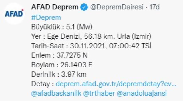 Son Dakika: İzmir Urla açıklarında 5.1 büyüklüğünde deprem
