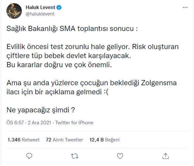 Haluk Levent'ten Bakan Koca'ya 'SMA' sitemi: Ne yapacağız şimdi? Haluk Levent'ten Bakan Koca'ya 'SMA' sitemi: Ne yapacağız şimdi?