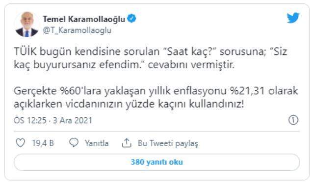 Karamollaoğlu'ndan TÜİK'in açıkladığı enflasyon verilerine tepki: Vicdanınızın yüzde kaçını kullandınız? Karamollaoğlu'ndan TÜİK'in açıkladığı enflasyon verilerine tepki: Vicdanınızın yüzde kaçını kullandınız?