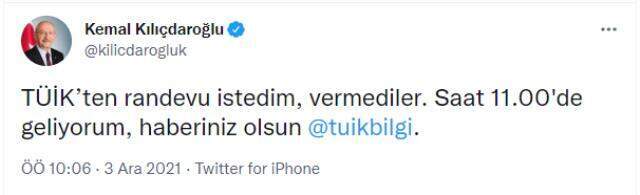 Kılıçdaroğlu, kendisine randevu vermeyen TÜİK'e seslendi: Geliyorum, haberiniz olsun Kılıçdaroğlu, kendisine randevu vermeyen TÜİK'e seslendi: Geliyorum, haberiniz olsun