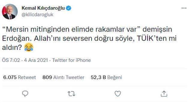 Kılıçdaroğlu'ndan Cumhurbaşkanı Erdoğan'a TÜİK'li miting göndermesi Kılıçdaroğlu'ndan Cumhurbaşkanı Erdoğan'a TÜİK'li miting göndermesi