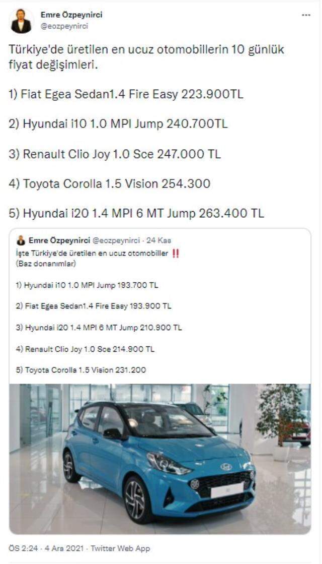 Türkiye'de üretilen araçların 10 günlük fiyat değişimi! Aynı marka ve model otomobilde 47 bin liralık artış var Türkiye'de üretilen araçların 10 günlük fiyat değişimi! Aynı marka ve model otomobilde 47 bin liralık artış var