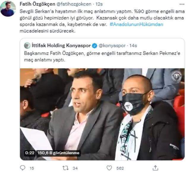 Alkışlar Konyaspor Başkanı Fatih Özgökçen'e! Görme engelli taraftara tribünde maç anlattı Alkışlar Konyaspor Başkanı Fatih Özgökçen'e! Görme engelli taraftara tribünde maç anlattı