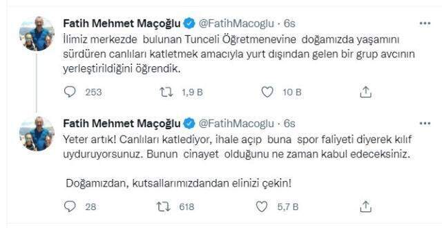 Başkan Maçoğlu, Tunceli'ye gelen avcı grubuna tepki gösterdi: Para karşılığında masum bir canlıyı katletmek en büyük vahşilik