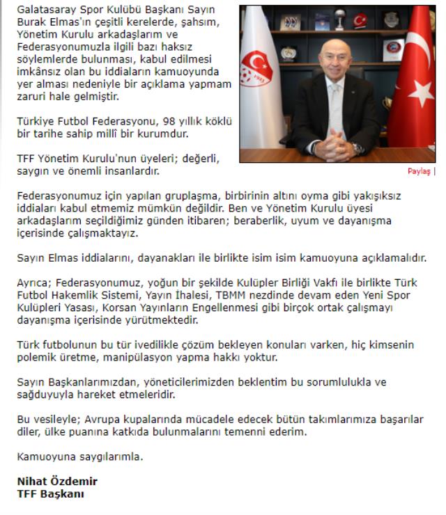Son Dakika: TFF Başkanı Nihat Özdemir, Burak Elmas'a kılıç çekti: İddialarınızı ispatlayın