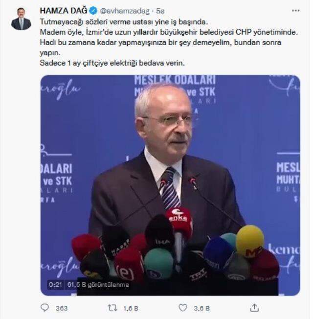 Şanlıurfa'da 'bedava elektrik' vaadi veren Kılıçdaroğlu'na AK Parti'den peş peşe tepki! CHP'li belediyeler hatırlatıldı Şanlıurfa'da 'bedava elektrik' vaadi veren Kılıçdaroğlu'na AK Parti'den peş peşe tepki! CHP'li belediyeler hatırlatıldı