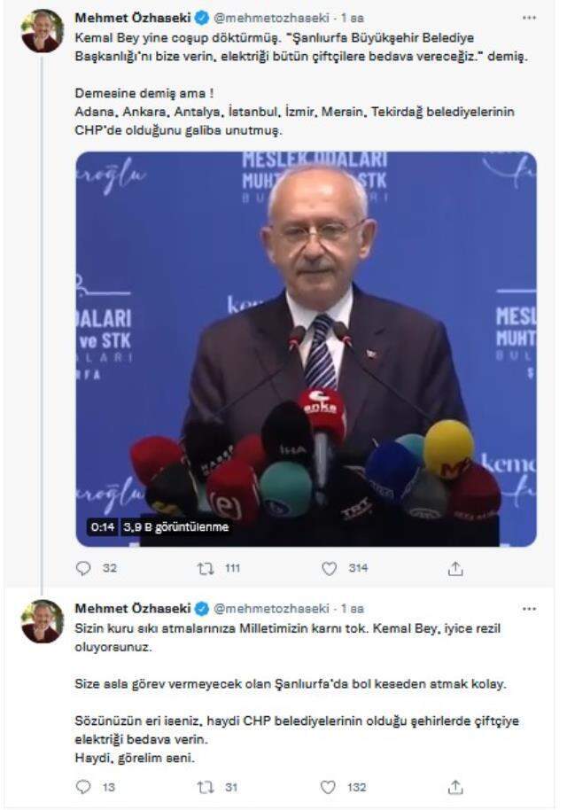Şanlıurfa'da 'bedava elektrik' vaadi veren Kılıçdaroğlu'na AK Parti'den peş peşe tepki! CHP'li belediyeler hatırlatıldı Şanlıurfa'da 'bedava elektrik' vaadi veren Kılıçdaroğlu'na AK Parti'den peş peşe tepki! CHP'li belediyeler hatırlatıldı