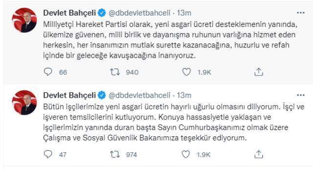 Asgari ücretin açıklanmasının ardından MHP lideri Bahçeli'den ilk sözler: Yüreklere su serpmiştir Asgari ücretin açıklanmasının ardından MHP lideri Bahçeli'den ilk sözler: Yüreklere su serpmiştir